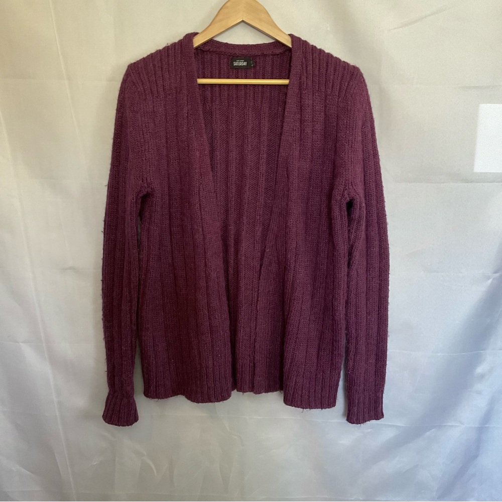 Kate Spade Saturday Alpaca Wool Blend Open Front Cardigan Purple Rib Knit S